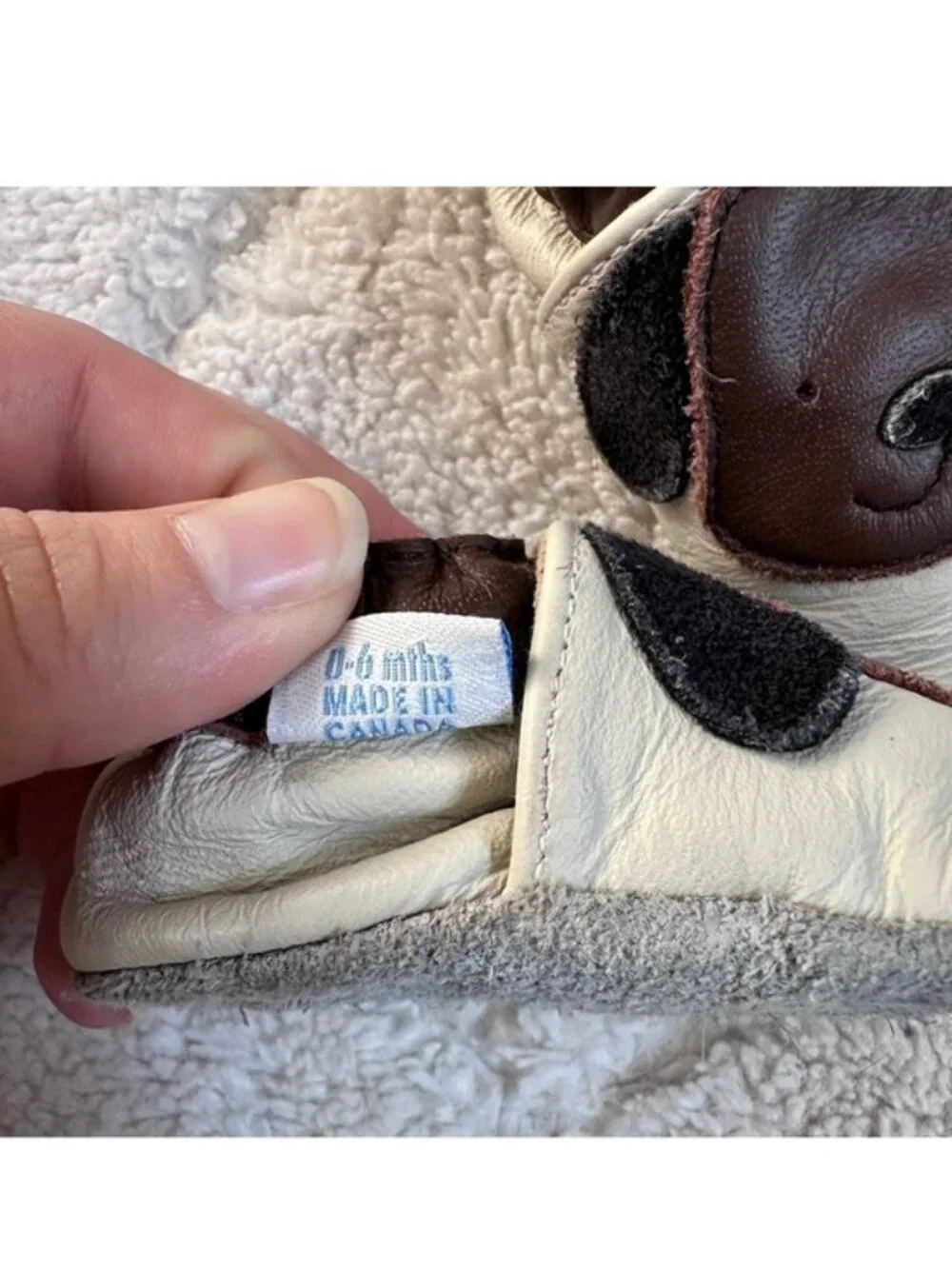 Robeez | Soft Leather Cream and Brown Puppy Moccasin | Size 0-6 Months